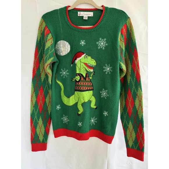 Jolly Sweaters Sz Small Green Red T-rex Dinosaur Ugly Christmas Sweater Argyle - Picture 1 of 8
